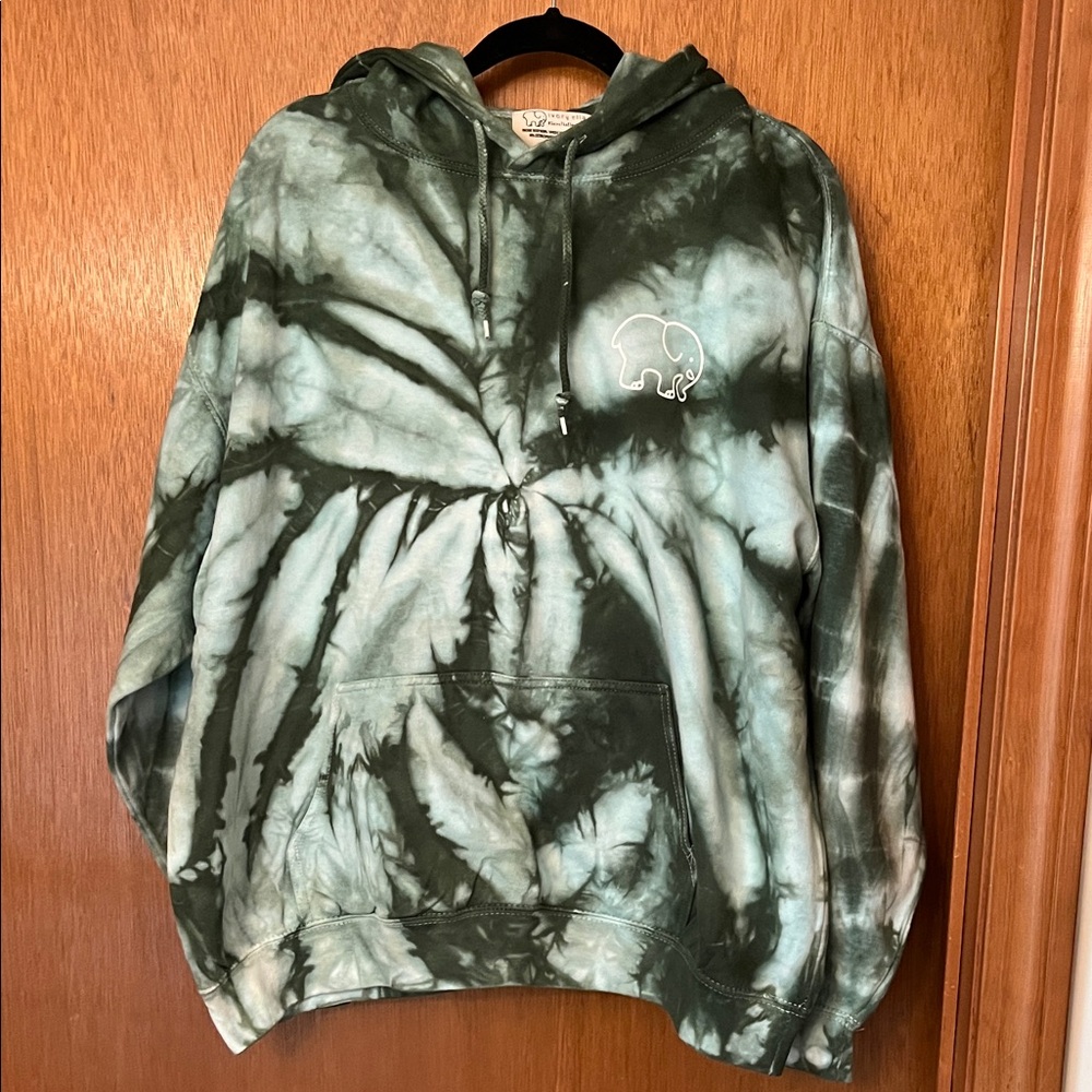 Ivory Ella green and blue tie-dye hoodie with elephant logo